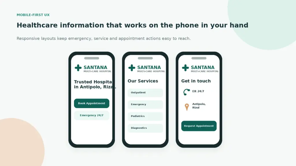 Santana hospital services website layout showing core medical departments
