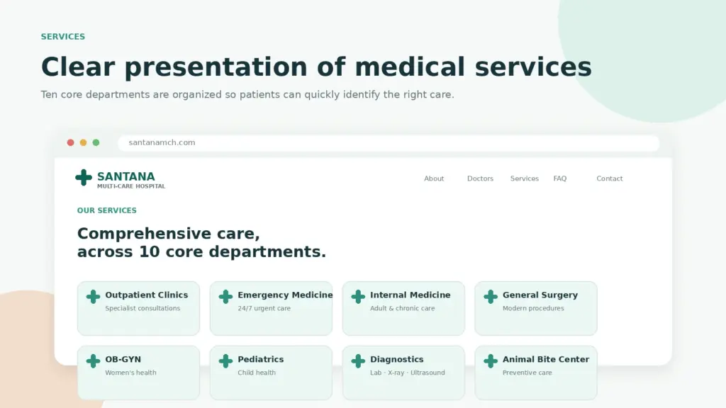 Santana hospital services website layout showing core medical departments