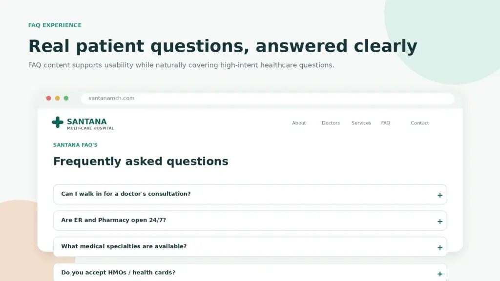 Healthcare FAQ website design answering common Santana patient questions